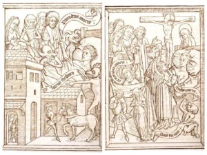 Woodcut illustrations by Weigel. The dying Christian is tempted by greed and then triumphs over the temptation, surrounded by angels.