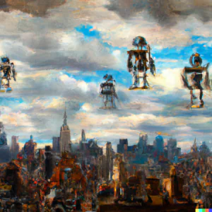A painting of a city with robots flying in the sky Description automatically generated